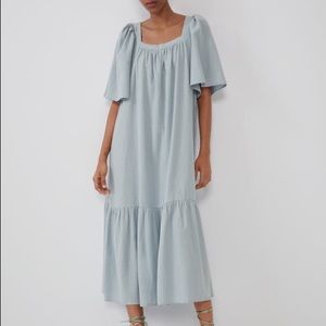 Long bell sleeve ruffled rustic blue maxi dress